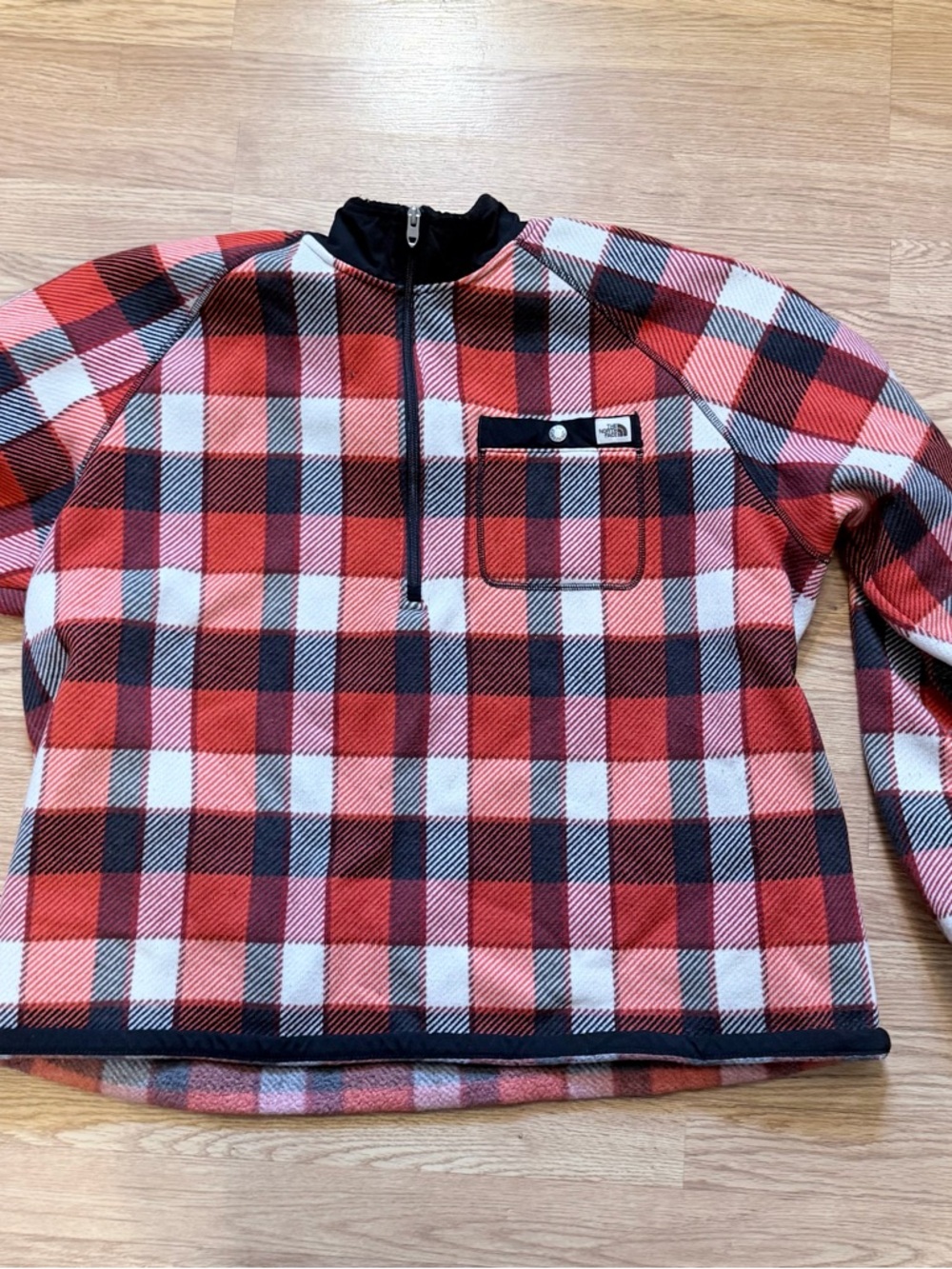 The North Face Red, Gray, Black Plaid Fleece Half-Zip